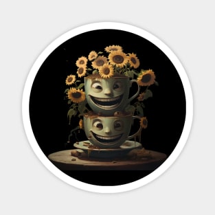 Happy Smiling Faces On a Cup With Coffee And Sunflowers Coffee Barista Magnet